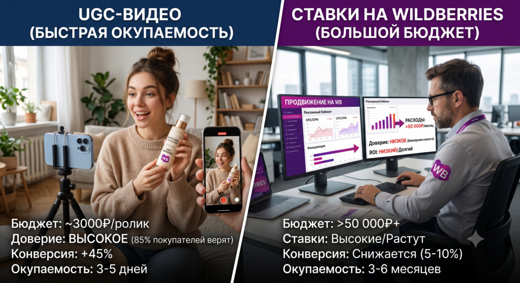 Сравнение UGC-видео и рекламных ставок на Wildberries: слева — блогер снимает видеоотзыв за ~3000₽ с высоким доверием (85%), конверсией +45% и окупаемостью 3-5 дней; справа — менеджер управляет рекламным кабинетом WB с бюджетом >50 000₽/месяц, высокими ставками, низким доверием и окупаемостью 3-6 месяцев