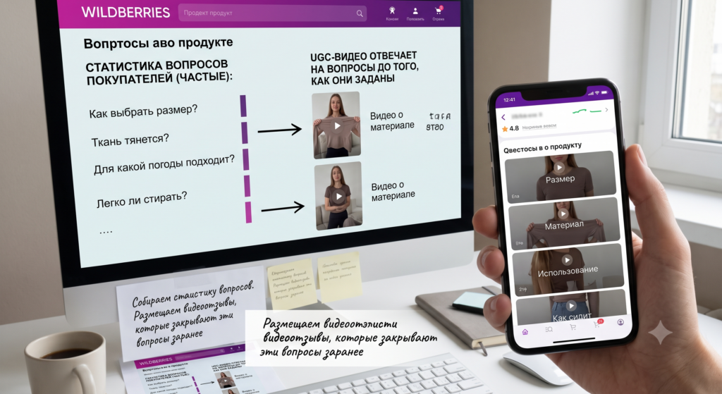 Рабочее место с монитором и смартфоном, демонстрирующее стратегию работы с вопросами покупателей на Wildberries. На экране — статистика частых вопросов (размер, ткань, погода, стирка) и UGC-видеоответы. В руке — телефон с приложением WB, где видеоотзывы закрывают вопросы о размере, материале, использовании и посадке до того, как покупатель их задаст