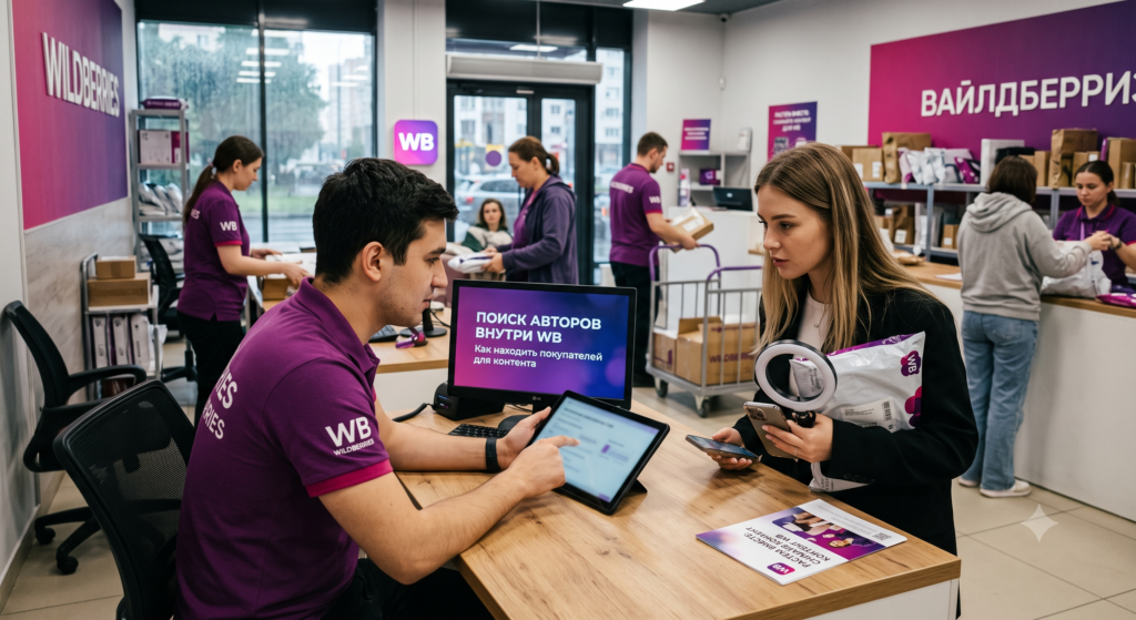 Сотрудник Wildberries помогает покупателю найти программу создания контента внутри WB — пункт выдачи заказов, экран с надписью «ПОИСК АВТОРОВ ВНУТРИ WB», планшет, коробки WB, сотрудники в фирменной форме