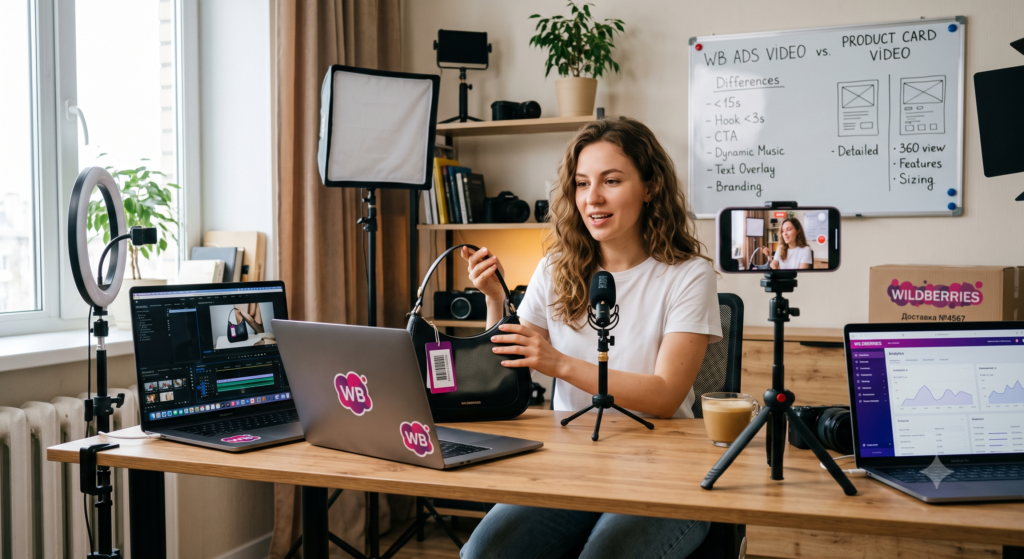 Блогер снимает рекламное видео для Wildberries в домашней студии — сравнение WB Ads Video и Product Card Video на доске, сумка WB, микрофон, кольцевая лампа, ноутбуки с аналитикой и монтажом, коробка Wildberries