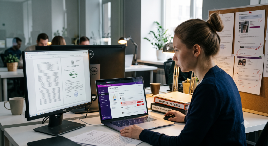 Юрист в офисе Wildberries изучает доказательственную базу для защиты интеллектуальной собственности: на левом мониторе — свидетельство на товарный знак «Ekavita» с печатью, на MacBook — интерфейс UGC-мониторинга WB с комментариями, на доске — скриншоты отзывов с маркировкой нарушений. На столе — тома «ЗАЩИТА ИС — WILDBERRIES»